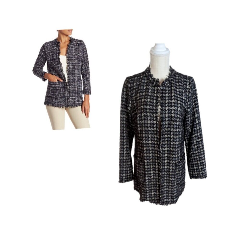 Catherine Maladrino Black Boucle Houndstooth Tweed Open Front Blazer